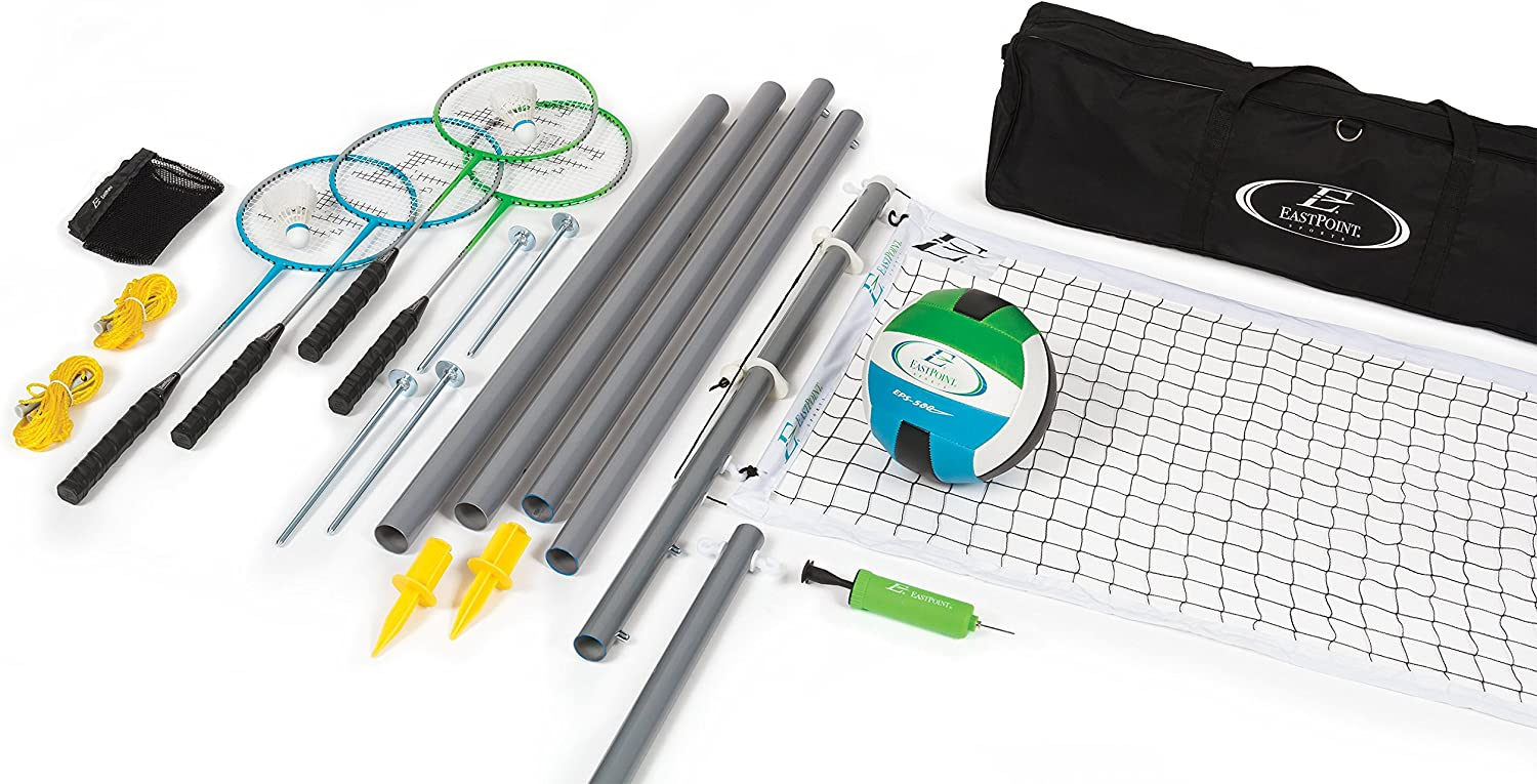 EastPoint Sports Deluxe Volleyball Badminton Net Set - Features Weather Proof Material and a Full Set Storage Bag - Includes 1 Volleyball, 4 Badminton Rackets, and 2 Badminton Shuttlecocks
